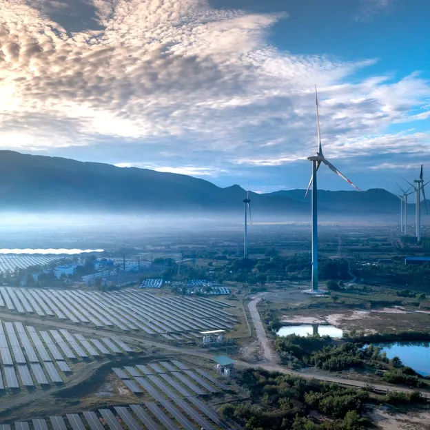 Aerial view of a wind and solar energy farm